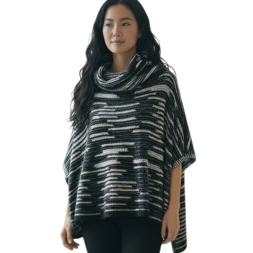 LIBBY EDELMAN BLACK & WHITE COWL-NECK SWEATER PONCHO SZ.OS EUC.